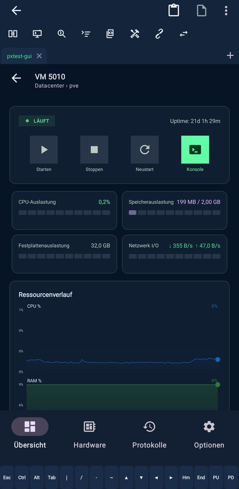 Proxmox VM detail with resource graphs